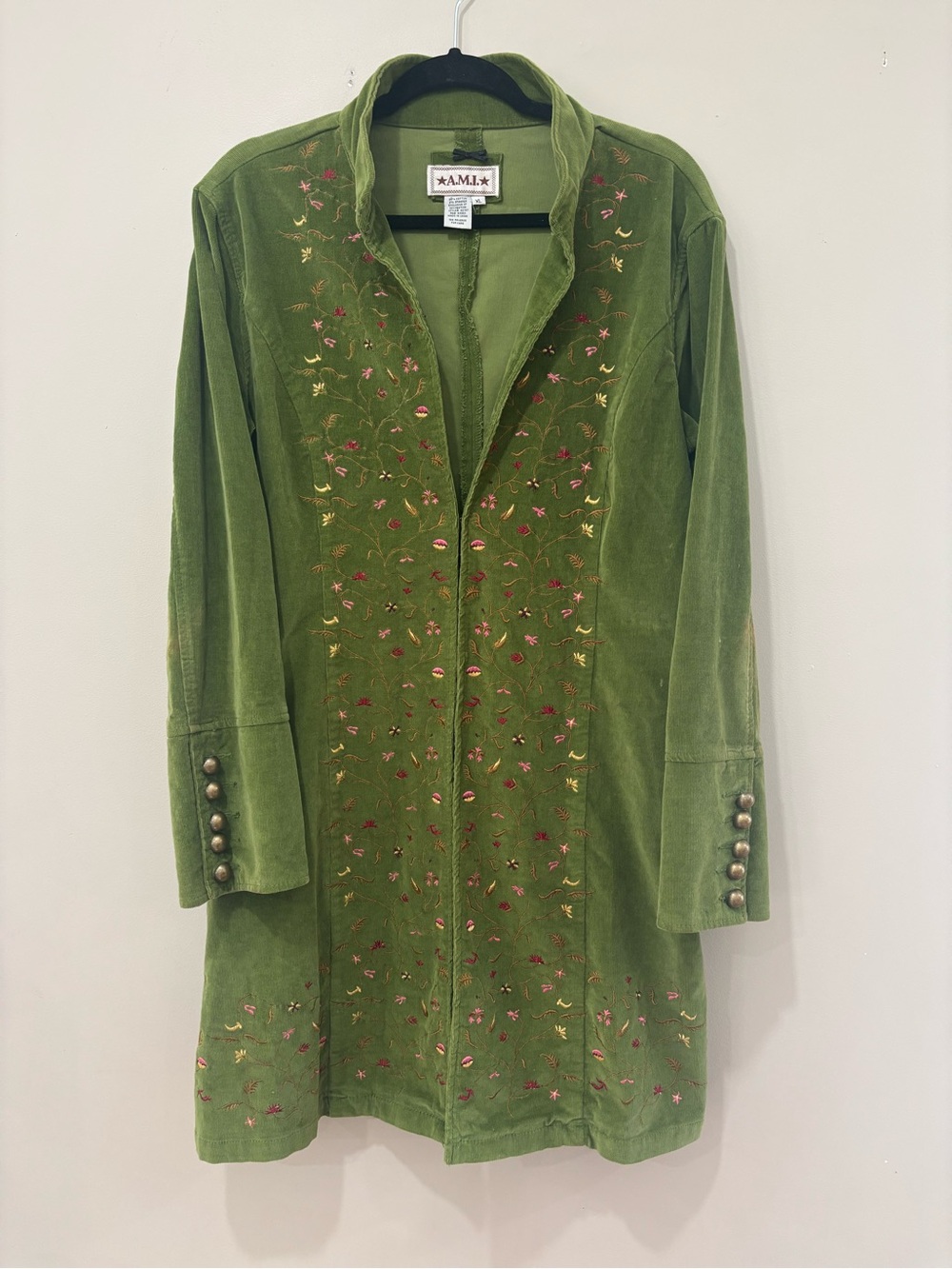 Ami Alexandre Mattiussi Olive Green Embroidered Velvet Coat
